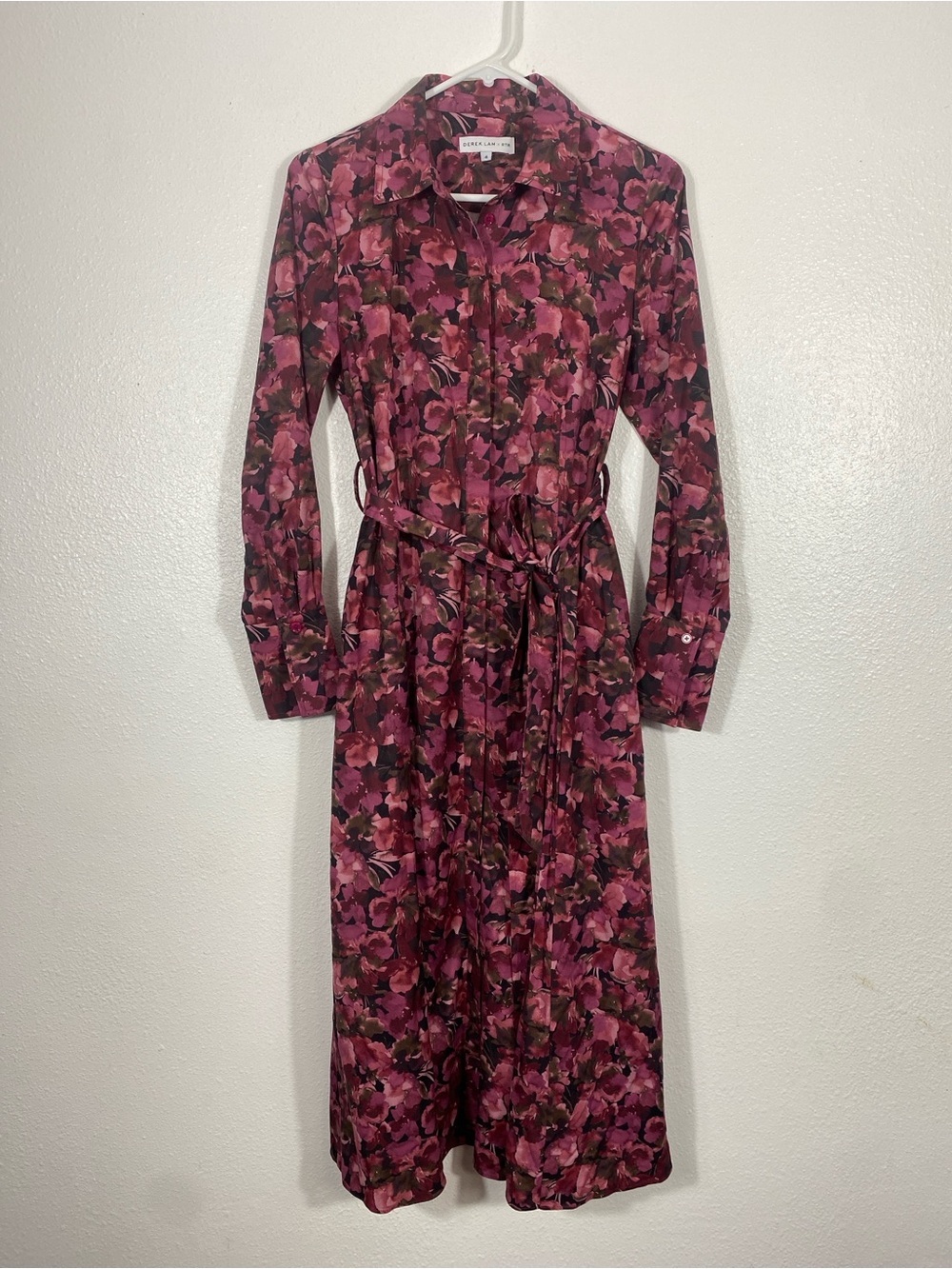 10 Crosby Derek Lam Maroon and Pink Floral Long-Sleeve Pleated Dress Size 4 - Picture 2 of 16